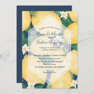 Carte Aquarelle citrons sur la marine Blue Wedding Invit