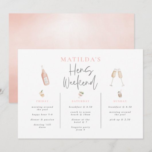 Carte Aquarelle cocktail champagne poules week-end 3 jou (Devant / Derrière)