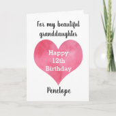 Carte Aquarelle Coeur 12e anniversaire petite-fille (Devant)