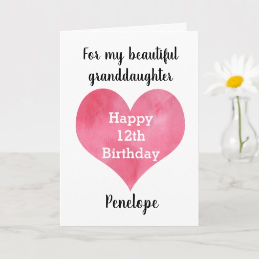 Carte Aquarelle Coeur 12e anniversaire petite-fille (Petite plante)