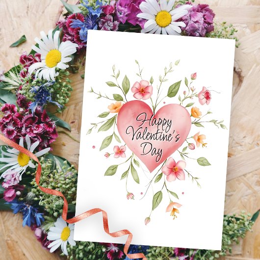 Carte Aquarelle Coeur aux fleurs Saint-Valentin