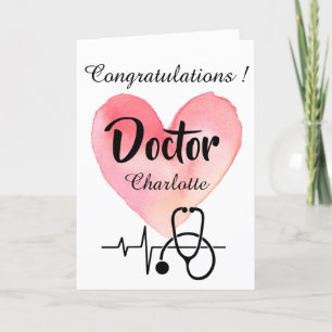 Carte  Aquarelle Coeur et stéthoscope Docteur Graduation