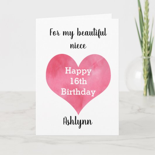 Carte Aquarelle Coeur Joyeux 16e anniversaire nièce (Devant)