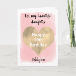 Carte Aquarelle Coeur rose et or 19e anniversaire