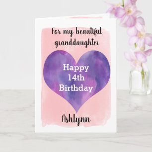 Carte Aquarelle Coeur rose et pourpre 14e anniversaire