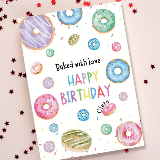 Carte Aquarelle colorée de Donut Joyeux anniversaire