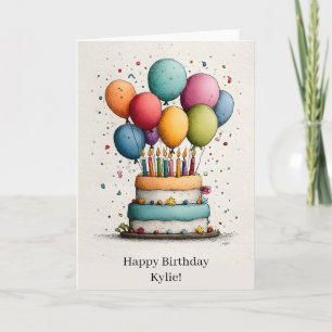 Carte Aquarelle colorée gâteau d'anniversaire avec bougi