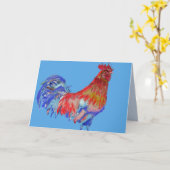 Carte aquarelle Coq Oiseau Rouge Bleu (Fleur jaune)
