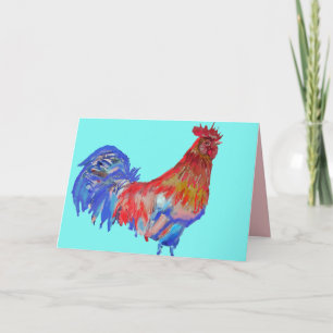 Carte aquarelle Coq Rouge et Bleu Aqua
