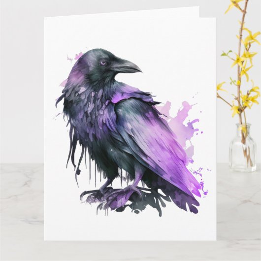 Carte Aquarelle Corbeau - Violet (Fleur jaune)
