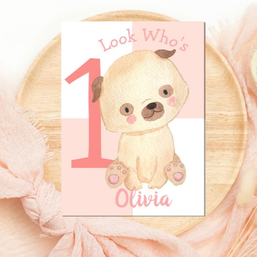 Carte Aquarelle Cute Chiot Personnalisé Nom 1er Annivers