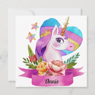 Carte Aquarelle Cute Unicorn Coeur Nom personnalisé