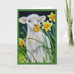 Carte Aquarelle d'Agneau et de Jonquilles de Printemps