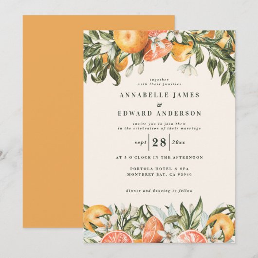 Carte Aquarelle d'agrumes d'orange mariage moderne botan (Devant / Derrière)
