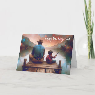 Carte Aquarelle d'anniversaire papa et garçon Pêche