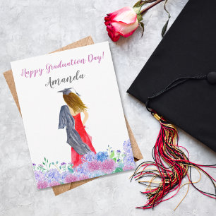 Carte Aquarelle de Brunette Hair Girl Graduation