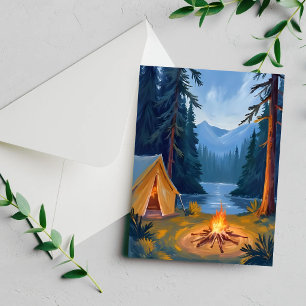 Carte aquarelle de camping en forêt autour d'un fe