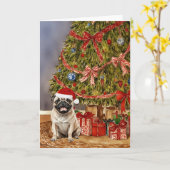 Carte Aquarelle de carlin sous l'arbre de Noël (Fleur jaune)