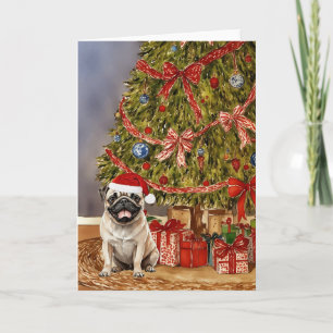 Carte Aquarelle de carlin sous l'arbre de Noël