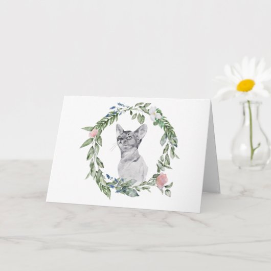 Carte Aquarelle de chat noir et blanc Vert rose floral (Petite plante)