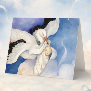 Carte Aquarelle de cigogne vintage livrant un bébé