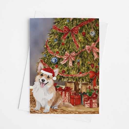 Carte Aquarelle de Corgi sous l'arbre de Noël