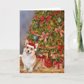 Carte Aquarelle de Corgi sous l'arbre de Noël (Devant)