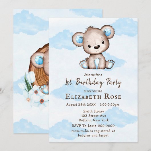 Carte Aquarelle de garçon Teddy Bear 1er. Fête d'anniver (Devant / Derrière)