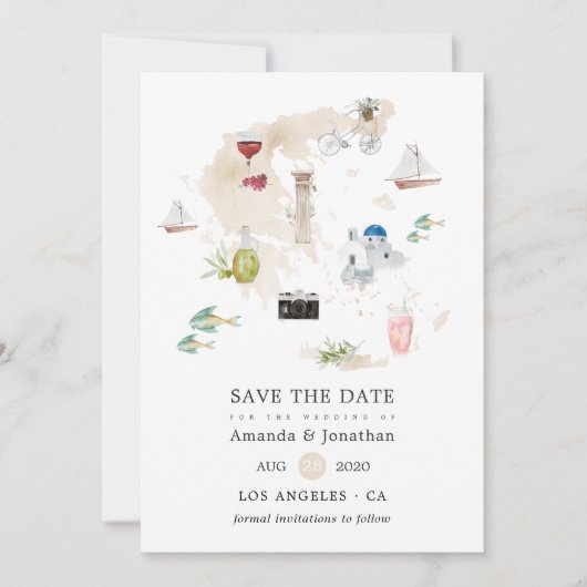 Carte aquarelle de Grèce mariage de destination (Devant)