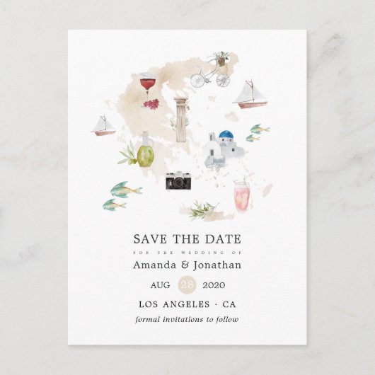 Carte aquarelle de Grèce mariage de destination (Devant)