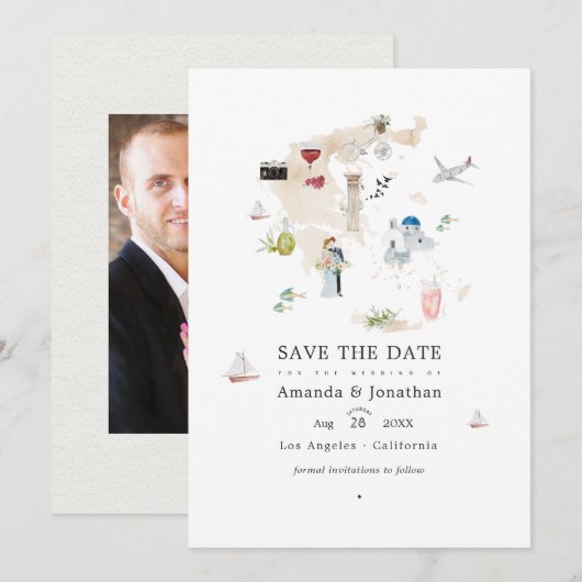 Carte aquarelle de Grèce mariage de destination ph (Devant / Derrière)