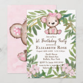 Carte Aquarelle de la fille Ours en peluche 1er. Fête d' (Devant / Derrière)