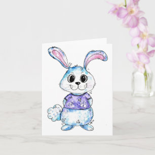 Carte Aquarelle de lapin bleu doux et blanc