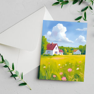 Carte aquarelle de maison de campagne champ vert l