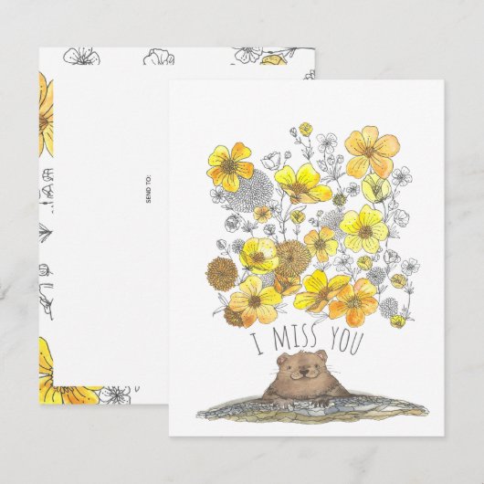 Carte Aquarelle de marmotte et de fleurs, je vous manque (Devant / Derrière)