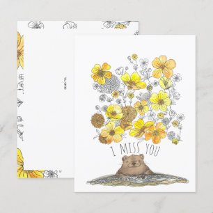 Carte Aquarelle de marmotte et de fleurs, je vous manque