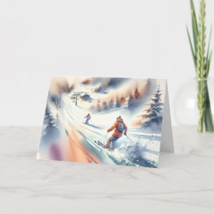 Carte Aquarelle de Noël Ski de descente