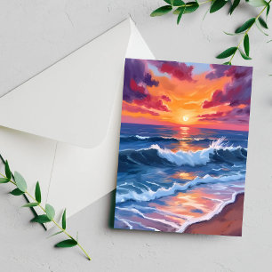Carte aquarelle des vagues de plage au coucher du 