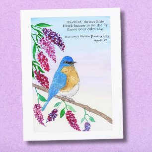 Carte Aquarelle d'oiseau bleu de haïku national dans un