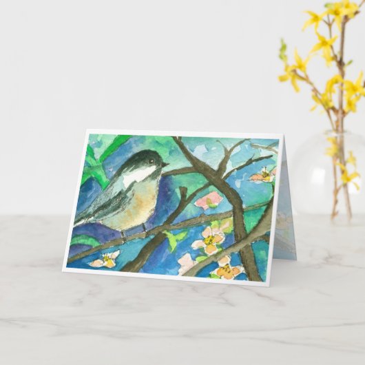 Carte Aquarelle d'oiseaux de Chickadee peignant le (Fleur jaune)