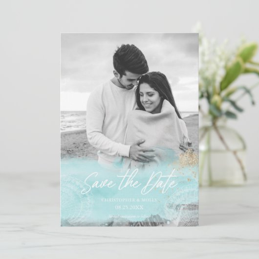 Carte Aquarelle du littoral turquoise Enregistrer la dat (Debout devant)