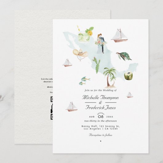 Carte aquarelle du Mexique Code QR RSVP Mariage (Devant / Derrière)