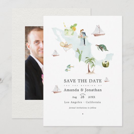 Carte aquarelle du Mexique mariage photo de destin (Devant / Derrière)