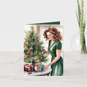 Carte Aquarelle d'une femme décorant Noël