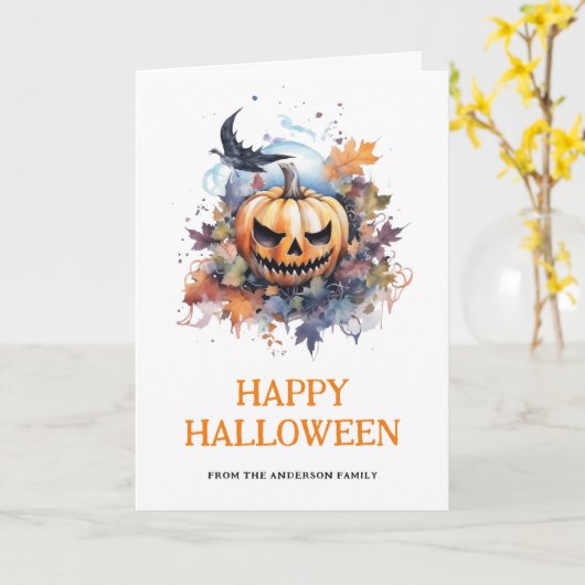 Carte Aquarelle Effrayant Citrouille Photo Happy Hallowe (Fleur jaune)