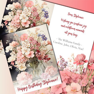 Carte Aquarelle Été Bouquet Rose Anniversaire