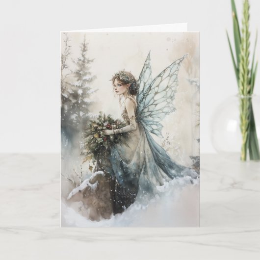 Carte Aquarelle Fée de Noël avec Bouquet en Neige (Devant)