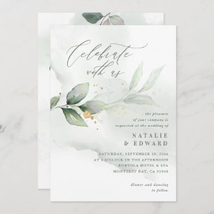 Carte Aquarelle feuillage et mariage d'or métallique