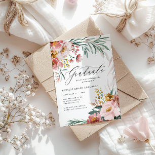 Carte Aquarelle fille fleurie botanique rose diplômé