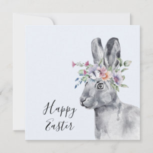 Carte Aquarelle Fleur Couronne Bunny Pâques